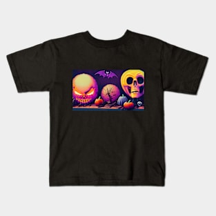 Digital Art of Pumpkins, Skulls, and Bats Sitting on Top of Each Other in a Dark Room Kids T-Shirt